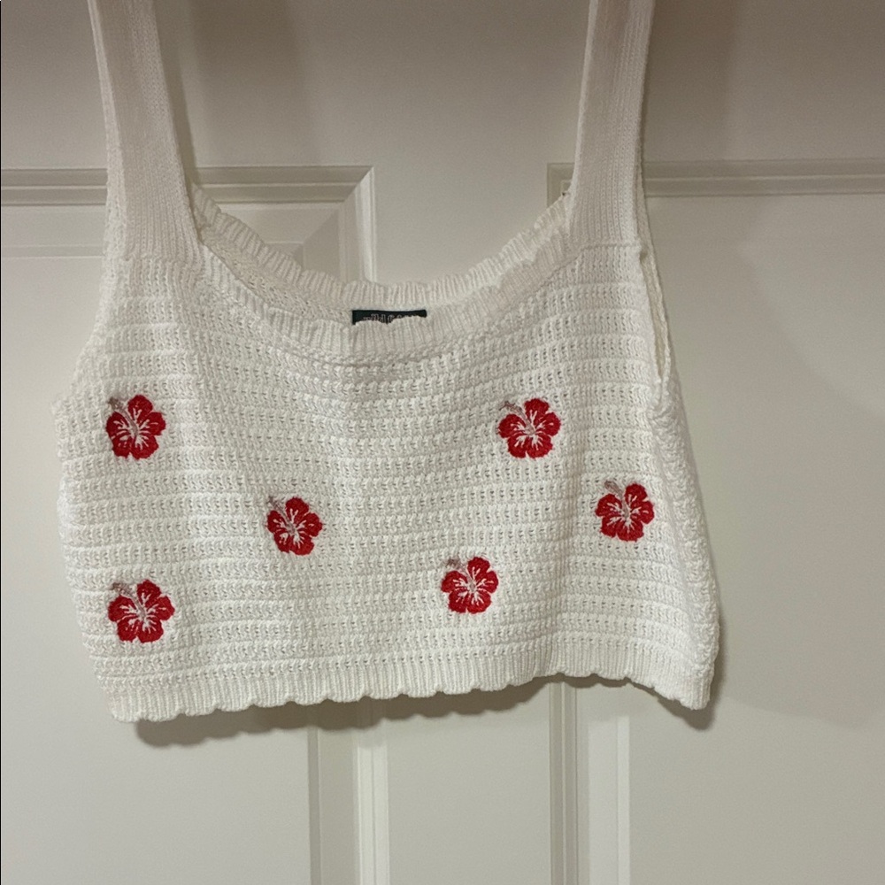 Wild Fable White Knit Crop Top with Red Floral Design